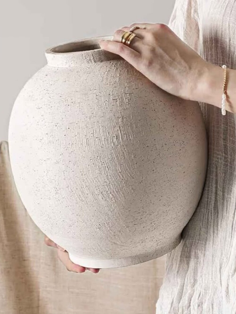 Source Unknown Cream Textured Ceramic Vase - Minimal Sculptural Accent